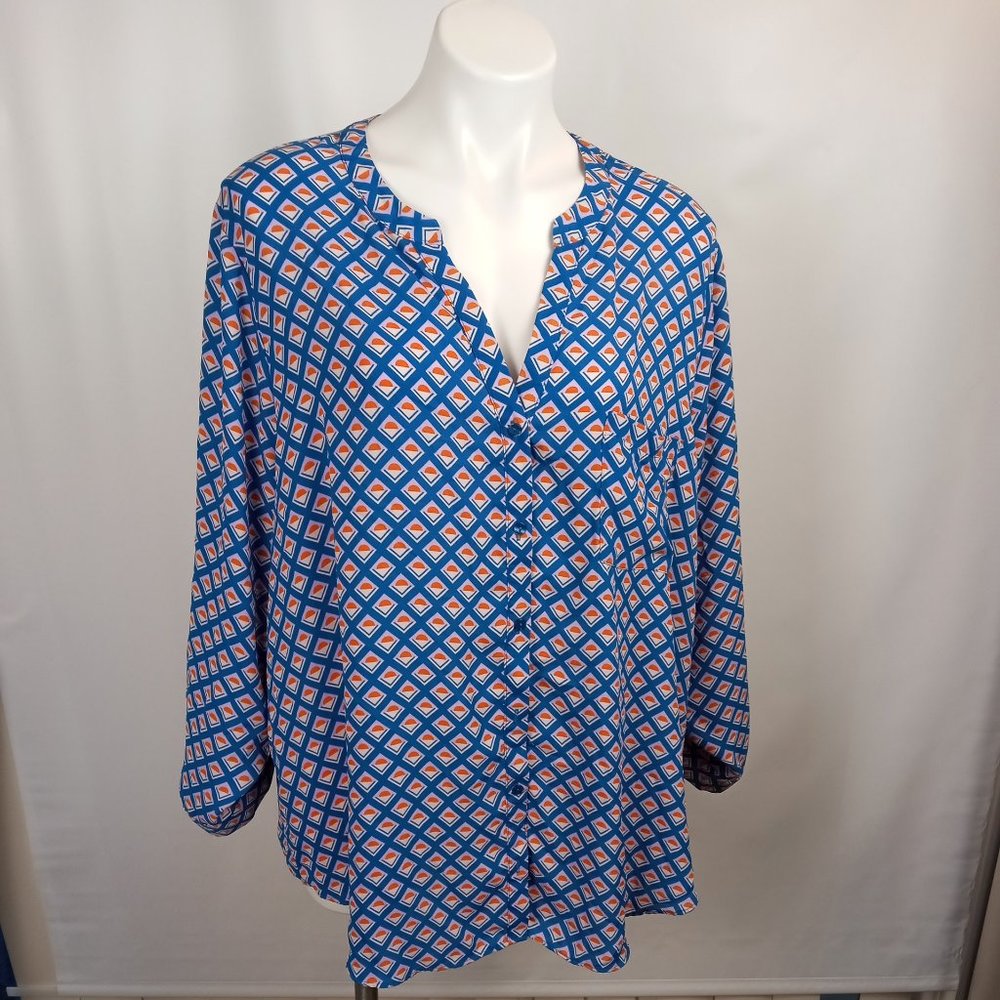 Simply Emma Blue Geometric Print Long Roll Tab Sleeve V- Neck Shirt Women's 3X